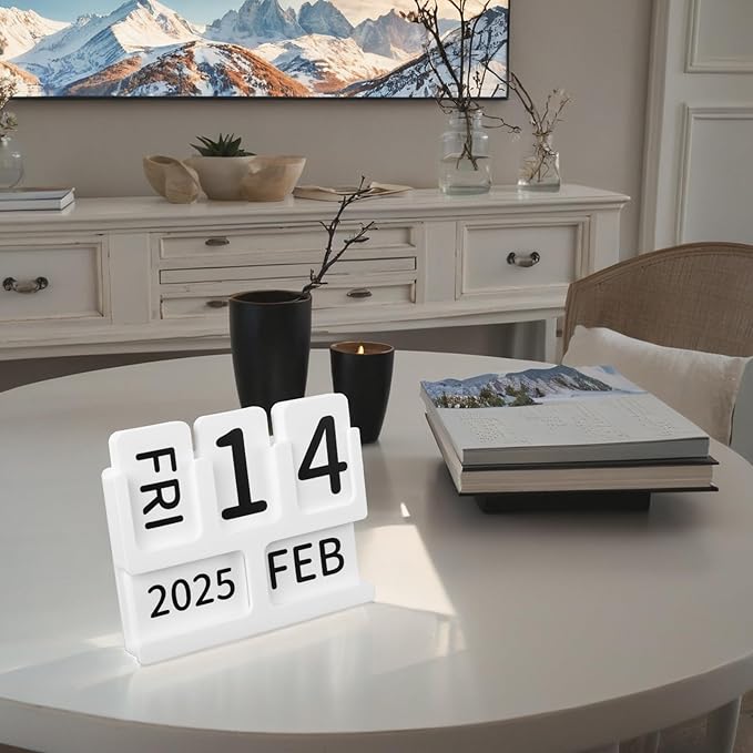 Acrylic Perpetual Calendar for Desk, Vintage Desktop Perpetual Calendar 2025-2034, Large Date Display Flip Blocks Tabletop Decor Daily Calendar Desk Accessory for Daily Office Home decoration (White)