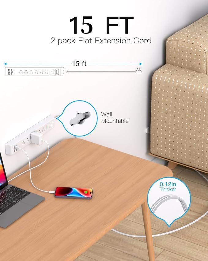 Long Power Strip Flat Plug Extension Cord, 10-in-1 with 6 AC Outlets 4 USB Ports(2 USB-C), Ultra Flat Plug Braided Extension Cord, Wall Mountable, 1080J Surge Protection