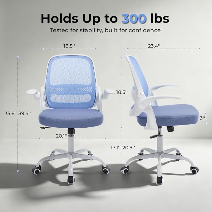 Ergonomic Mesh Office Chair for Home Office, Flip-Up Arms, Breathable Mesh Back & Thick Seat Cushion, Swivel Rolling Computer Desk Chair – BIFMA Certified, Supports 300 lbs (White Frame/Blue Seat)