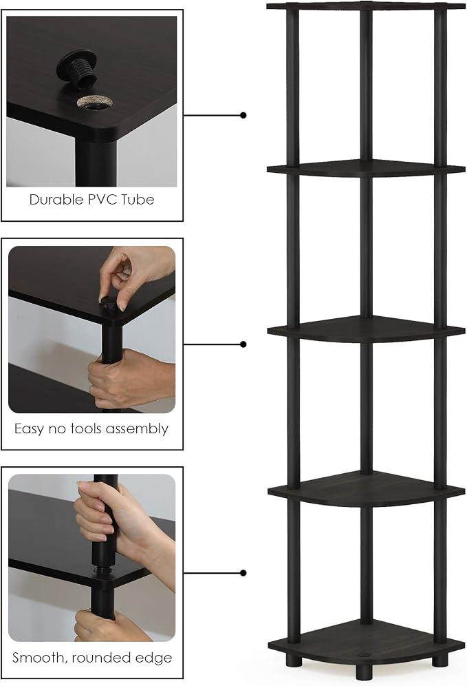Furinno TURN-N-TUBE Corner Shelf Set of 2, 5-Tier Corner Bookshelf, Open Storage Shelves, for Organization and Storage, Living Room, Home Office, Garage, Espresso