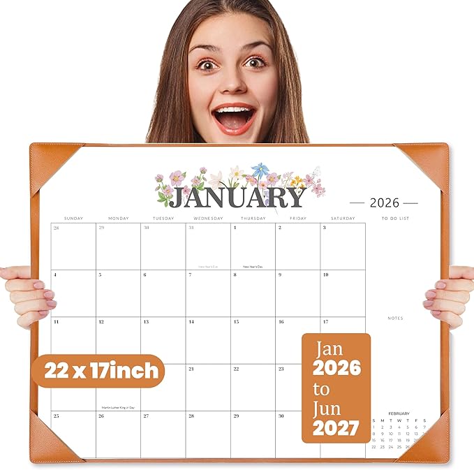 Desk Calendar 2026-2027 - 18 Month Desktop Calendars (Jan 2026–Jun 2027),Large 22x17 Monthly Calendar with Home & Office Floral Desk Pad Calendars (Brown, 22 * 17)