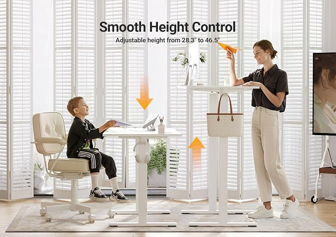 Seang Electric Standing Desk Adjustable Height, 55 x 24 Inch Sit Stand Desk with T-Shaped Frame, 3 Memory Presets & Cable Management for Home Office Computer Workstation, White Frame/White Top