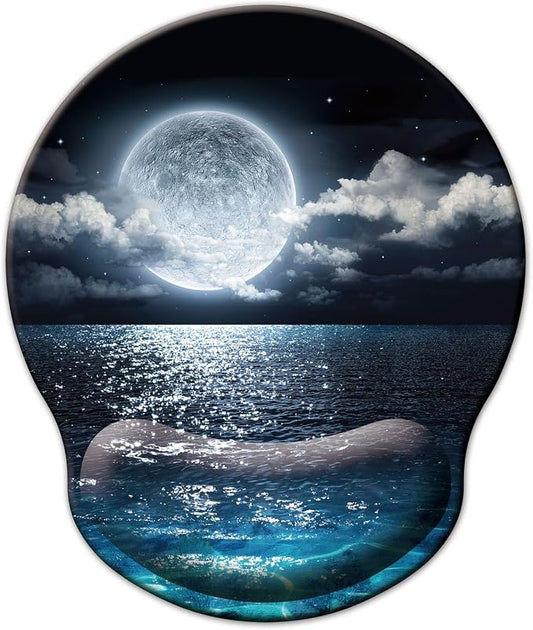 Mouse Pad with Wrist Support, Ergonomic Mouse Pad with Memory Foam Wrist Rest Cushion, Non-Slip Rubber Base Gaming Mice Pad for Home Office Computer Laptop, Moonlit Night