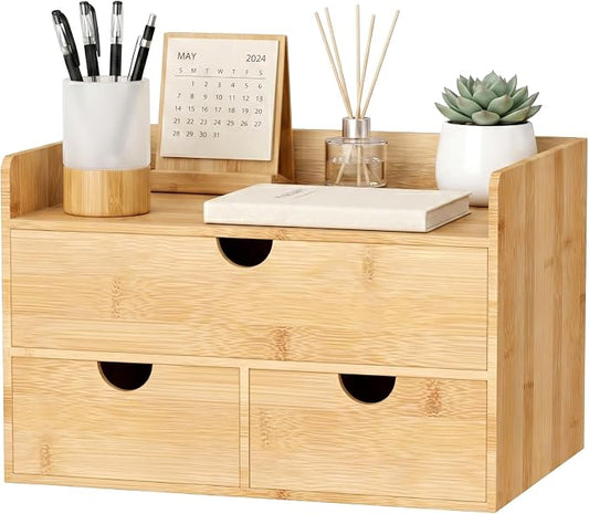 Desk Organizer with Drawers - Bamboo Desktop Organizer Storage | Wood Desk Drawers Organizer for Bills, Office Supplies, Cosmetics, Seals No Assembly Required