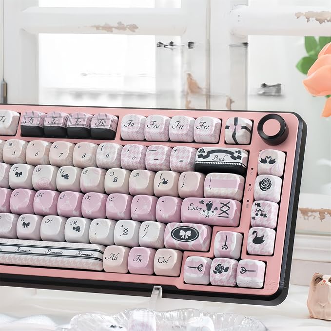 Black Pink Cute Keycaps,MOA Pofile Swan-Theme Custom Keycap Dye Sublimation PBT Keycaps 131 Keys Full Size Keycap Set for Cherry MX Switches 60% 75% 100% Mechanical Gaming Keyboard