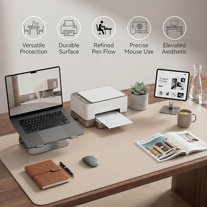 Large Desk Pad Non-Slip Desk Mat Protector for Keyboard Mouse Waterproof Vegan Leather Surface Faux Leather Laptop Mat Smooth Mouse Pad Premium Gift Tube Warm Beige 23.6" x 13.7"