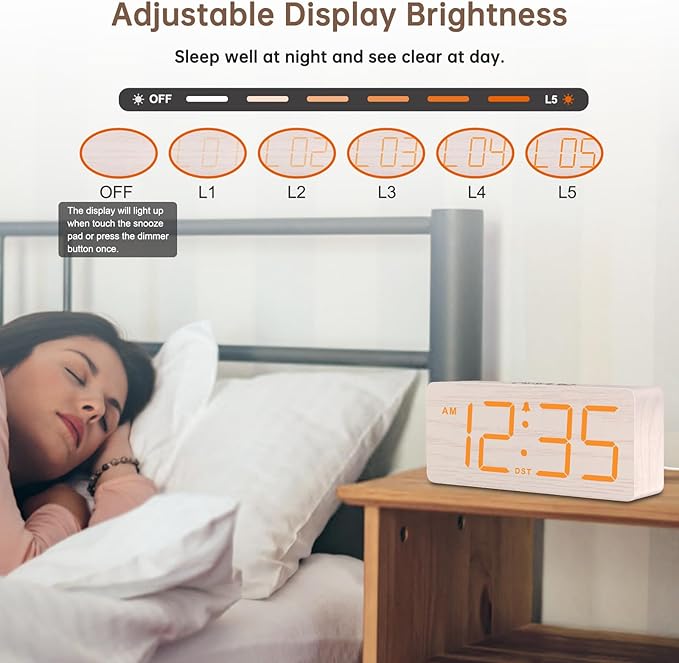 DreamSky Wooden Digital Alarm Clock for Bedroom with Large Numbers | Loud Alarm Clock for Heavy Sleepers with Volume Control, Desk Clocks for Living Room, Dimmer, DST, Wood Decor (Plug in Clock)