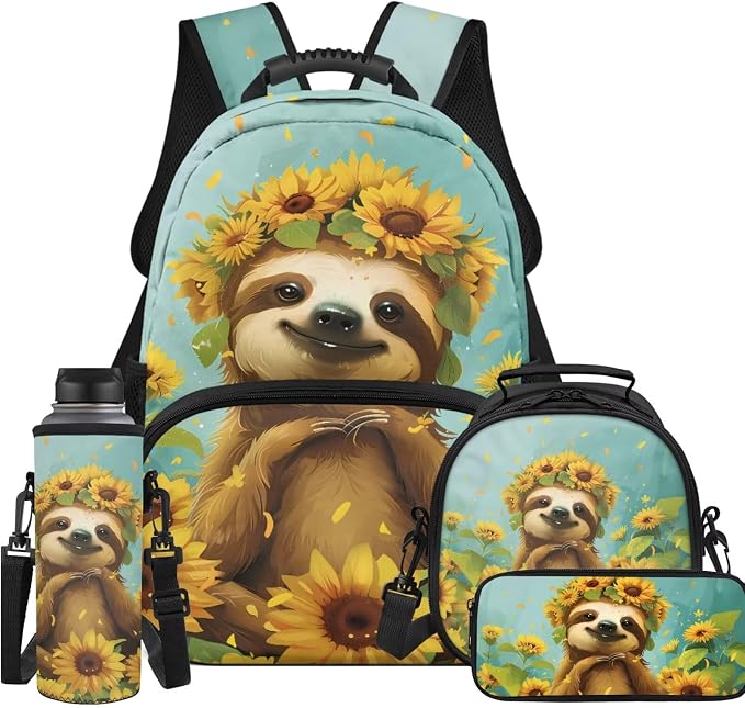 Ystardream Cute Sloth Backpack for School Girls Backpack with Lunch Box & Pencil Case & Water Bottle Sleeve for Kids 4-in-1 Bookbag Set Elementary Kindergarten School Supplies for Girls Schoolbag