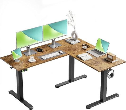 Claiks L Shaped Height Adjustable Electric Standing Desk with Dual Motors and Headphone Hook, 59" Corner Sit Stand Desk with Memory Presets for Home Office & Gaming, Rustic Brown