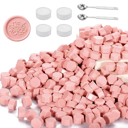 Yoption 360Pcs Dusty Pink Sealing Wax Beads, Sealing Wax Kit for Wax Seal Stamp, Hexagon Wax Seal Beads with 4Pcs Tea Candles and 2 Wax Seal Spoon