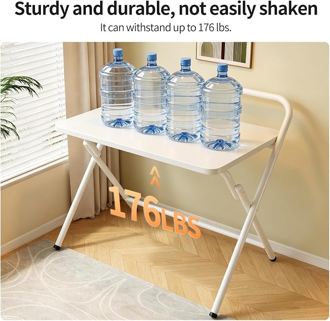 Folding Table, Small Computer Desk, Foldable Desk for Bedroom, Mini Desk for Home Office&Study, 24x16 Inches, No Assembly Required, Wood Top with Metal Frame, White