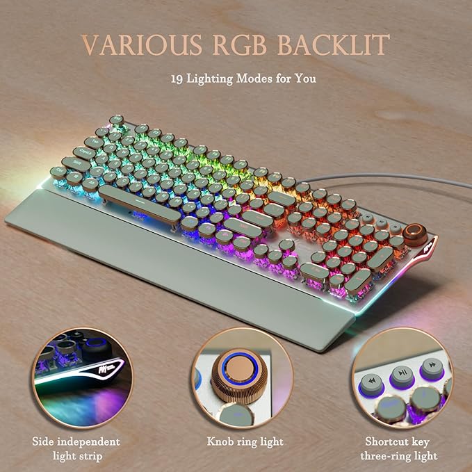 RK ROYAL KLUDGE X108 Typewriter Style Mechanical Keyboard, Wired Gaming Keyboard 108 Keys RGB Backlit Sidelight, Detachable Wrist Rest, Volume Knob, Retro Round Keycaps Blue Switches - Green