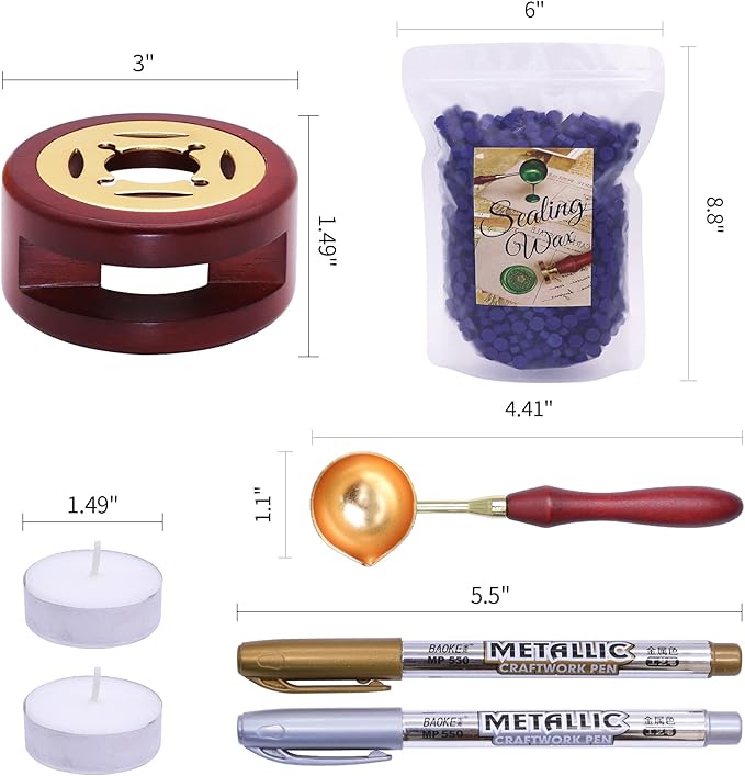 SWANGSA Sealing Wax Kit, 1450pcs Sealing Wax Beads Metallic Red, Wax Seal Warmer, Wax Spoon, Gold Wax Seal Pen and Tealight Candles for Wax Stamp Letter Sealing