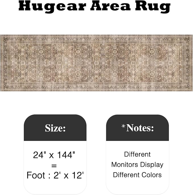 HUGEAR 2x12 Runner Rug Hallway Vintage Brown Machine Washable Retro Floral Low Pile Carpet Vacuumable Distressed Long Throw Rug Bedroom Office Bathroom Kitchen Laundry Non Slip Soft Lightweight