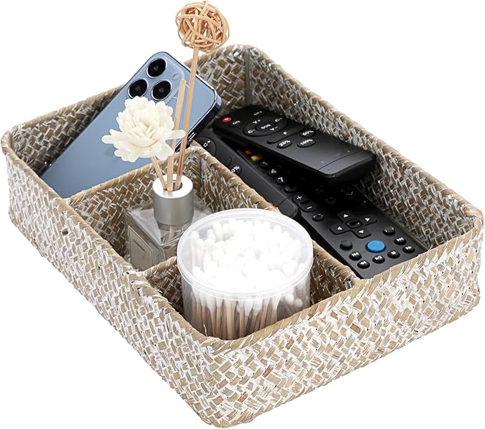 BTSKY Desk Drawer Organizer Tray, Coffee Station Organizer Tea Bag Organizer, Woven Seagrass Storage Basket with 4 Divided Sections Handwoven Wicker Basket for Shelves, Pantry, Coffee Bar (White)