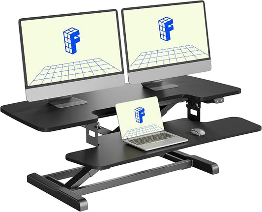 FLEXISPOT 40" Electric Standing Desk Converter, Motorized Sit to Stand Desk Riser, Height Adjustable Desktop Dual Monitor Workstation with Large Keyboard Tray, Black