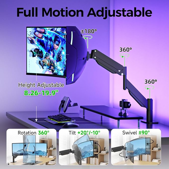 Suptek Single Monitor Arm for 27–49 Inch Ultrawide Large Screen Monitors, Gas Spring Desk Mount with Tilt Swivel, VESA 75/100, Supports 48.5 lbs, Clamp & Grommet, MD71PRO