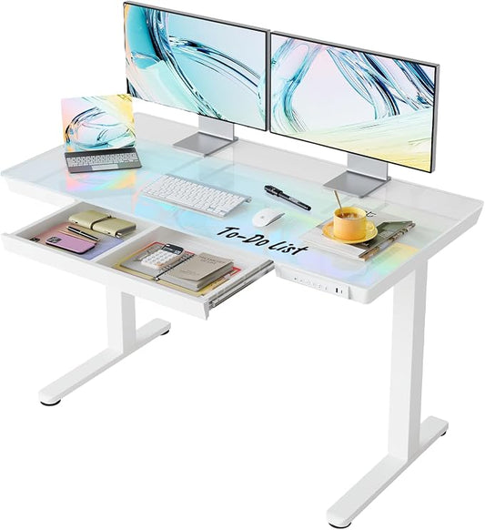 HUANUO Glass Standing Desk with Drawers, 48 X 24 Inch Electric Adjustable Height Desk, Quick Install One-Piece Tabletop with USB Charging Ports, White