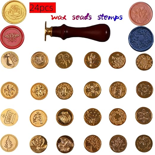 Wax Seal Stamp Kit, 24Pcs Atopbb Wax Stamp Seal,Vintage Classic Sealing WaxStamp Head with Wooden Handle for Party Wedding Invitation Cards Envelopes Gift Wrapping Letter(A, 24)