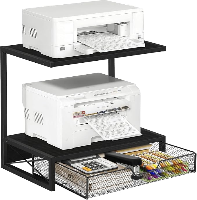 ELITEROO 2-Tier Printer Shelf with Drawers, Wooden Desk Shelf for Printer | Small Printers Shelf for Office Supplies, Desktop Storage Rack for Books, Folders, Scanner, Fax Machine, 3D Printer, Black