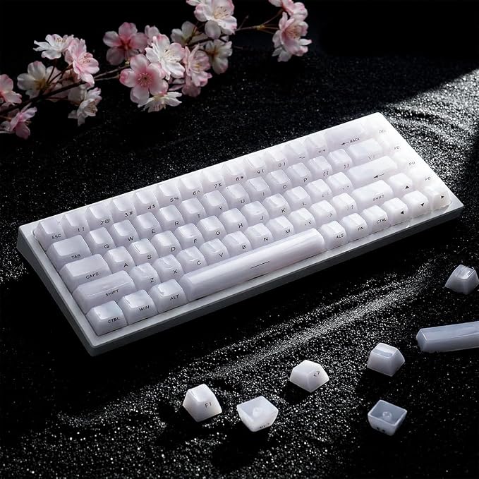 White Jelly Keycaps - Ceramic Style, Clear Translucent Crystal Keyccaps | Tsungup 119 Keys Side Print Custom Key Caps Keyboard Keycap Set for 60%,65%,75%,100% Mechanical Keyboards(MDA Profile)
