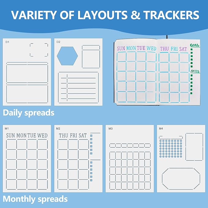 12 Pieces Speedy Spreads Journal Stencil DIY Journal Templates Reusable Weekly Monthly Layouts Stencils Plastic Planner Set for A5 Bullet Dot Grid DIY Notebook Diary