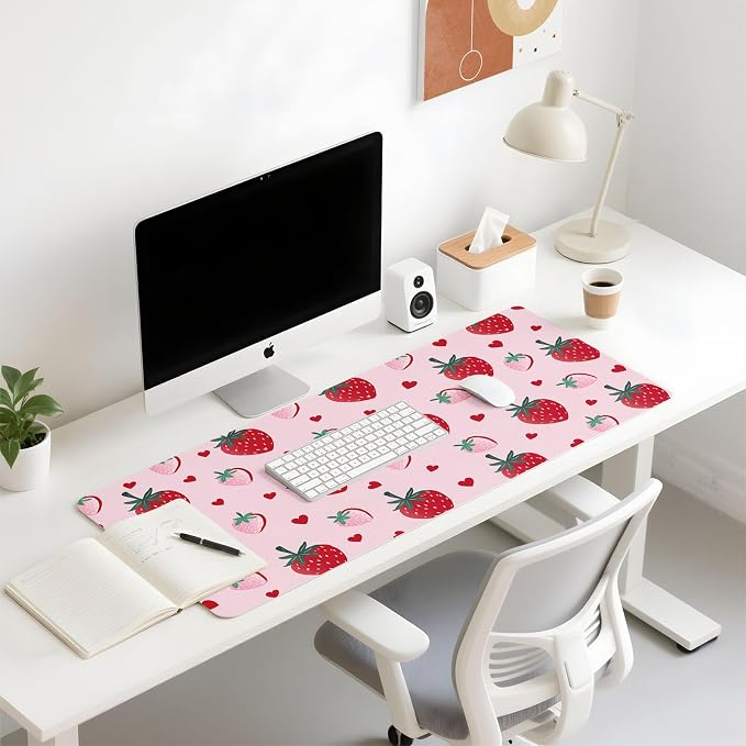 Mouse Pad Leather Desk Mat Large Keyboard Cute Office Desktop Computer Laptop XXL Long Big Aesthetic Modern Design Women Girls Gaming Gamer Oversized Wide Mousepad 31.5"x15.7", Strawberry