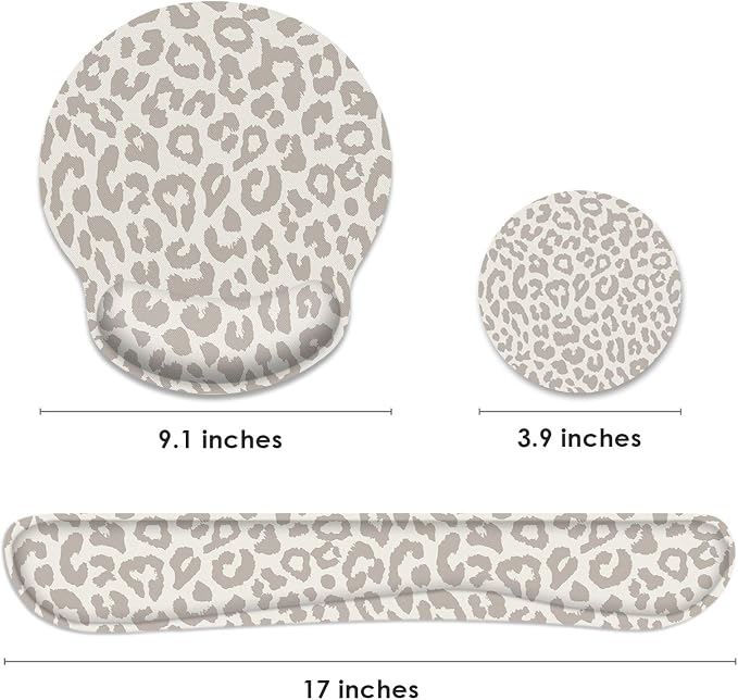 Britimes Leopard Light Khaki Animal Skin Ergonomic Mouse Pad Set with Wrist Rest Non-Slip Rubber Base Wrist Cushion Support and Coasters Mousepad with Wrist Support for Computer Keyboard and Desk