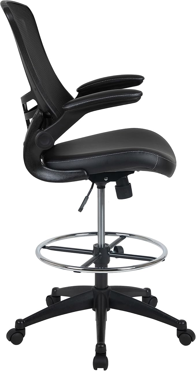 Flash Furniture Kelista Mid-Back Swivel Office Chair with Adjustable LeatherSoft Seat Height, Ergonomic Mesh Chair with Flip-Up Arms, Black | Leather soft Seat, Mid-Back, Flip-Up Arms, Mesh Back, Adjustable Foot Ring