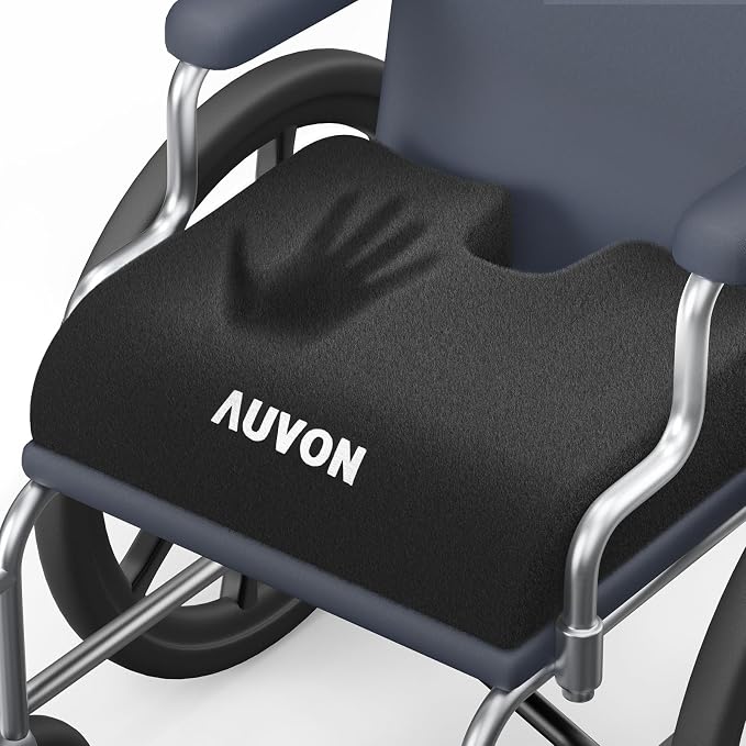 AUVON Wheelchair Seat Cushion, Thigh Slope Design for Long Sitting Comfort | Ergonomic Memory Foam Chair Cushion, U-Cutout for Sciatica & Back Relief, Waterproof Cover, Anti-Sore & Ulcer, Buckle Strap