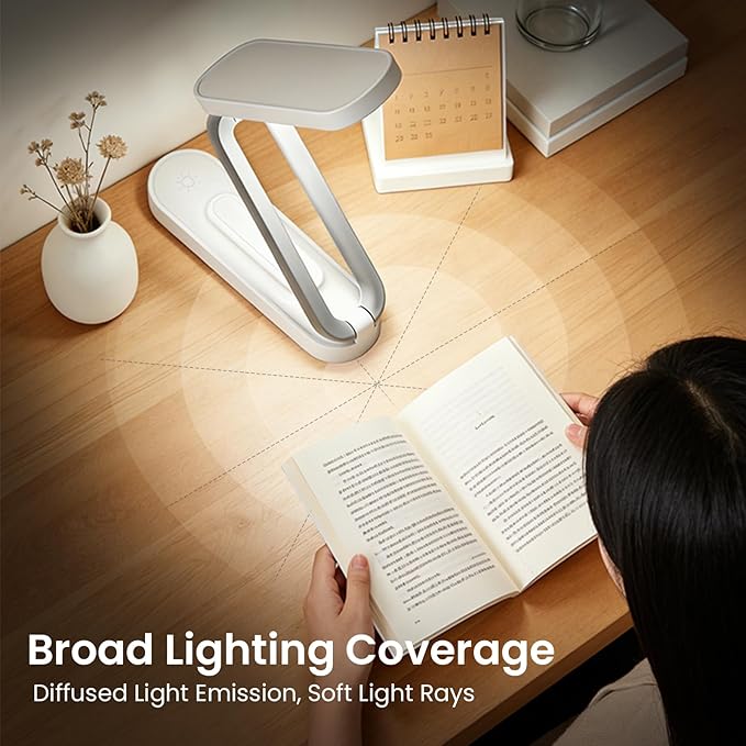 Rechargeable LED Desk Lamp, Foldable Portable Table Light with 3 Brightness Levels,Type-C USB Charging,Small Desk Lamp,Portable Bedside Wireless Reading Light,Home, Office, Nail Art,Craft,WHITE
