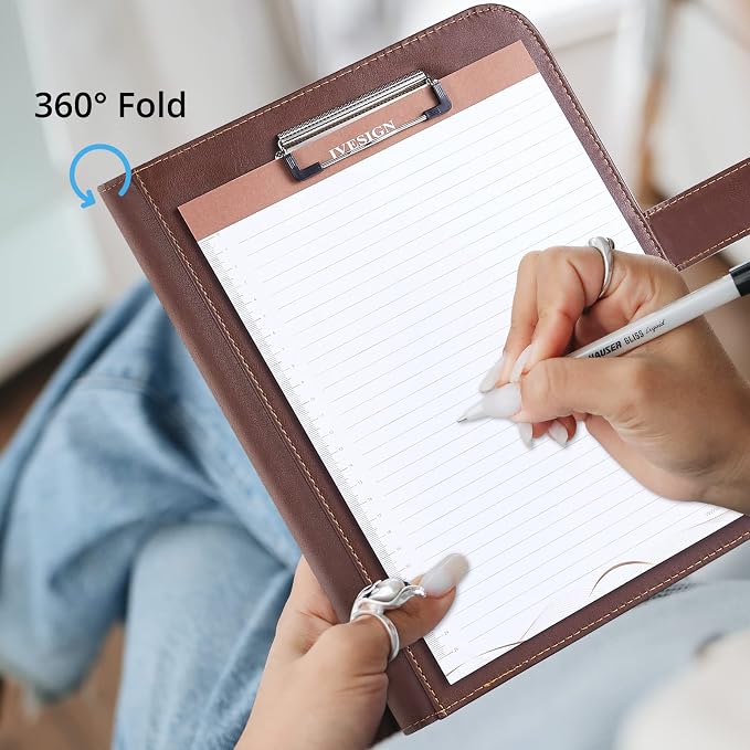 Leather Portfolio Notebook with Folder, Storage Clipboard with Cover for Legal Pad Holder Letter Size A4 Writing Pad for Business School Office Resume Conference Notepad Clip Boards (Brown)