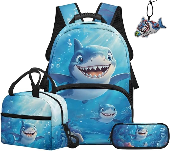 ZFRXIGN Cute Shark Backpack for Boys 4-6 6-8 Bookbag with Cute Pendant 17inch Kindergarten School Girls Bag and Insulated Lunch Box Portable Pencil Case Ocean