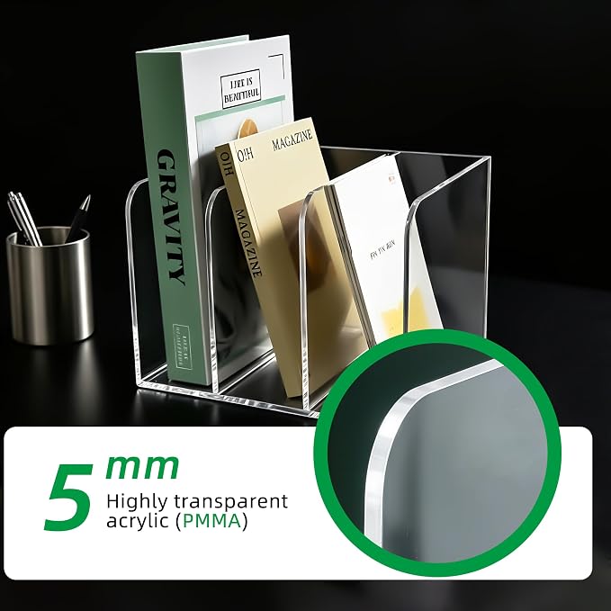 Clear Acrylic 3-Slot Magazine File Holder, Vertical Desk Organizer | 3 extra-wide compartments hold magazines, files, books, tablets. 5mm thick clear acrylic, non-slip base. No assembly.