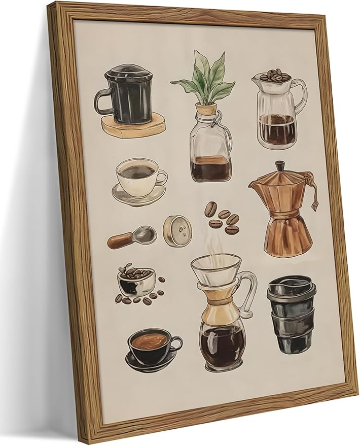 Framed Vintage Coffee Canvas Wall Art, Funky Espresso Coffee Tools Poster Prints, Modern Farmhouse Aesthetic Painting, Retro Kitchen Cafe Living Room Wall Decor for Coffee Lovers 12x16in