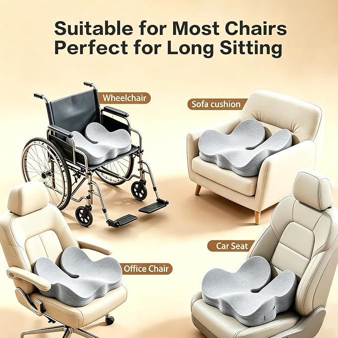 Memory Foam Seat Cushion for Sciatica & Tailbone Pain Relief – Comfort Support for Office Chair, Car Seat, Airplane, Long Sitting Workers & Drivers (Gray)