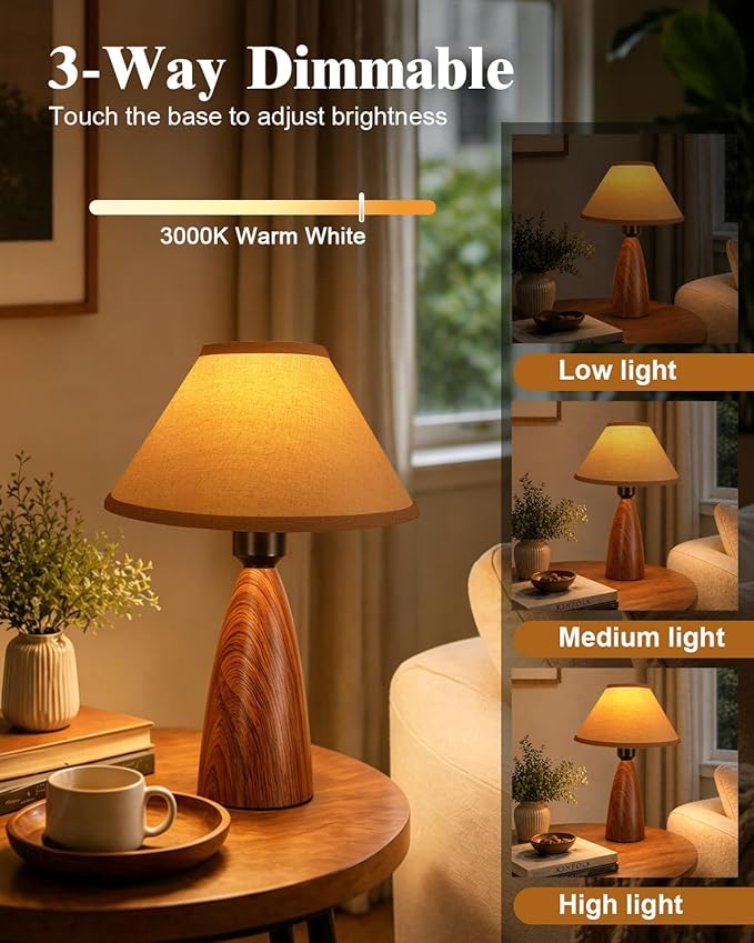Nusogon Set of 2 Touch Table Lamps for Bedroom & Living Room, 3-Way Dimmable Bedside Lamps with Wood Grain Base & Fabric Shade, Farmhouse Nightstand Lamps for Nursery, Kids Room, LED Bulbs Included