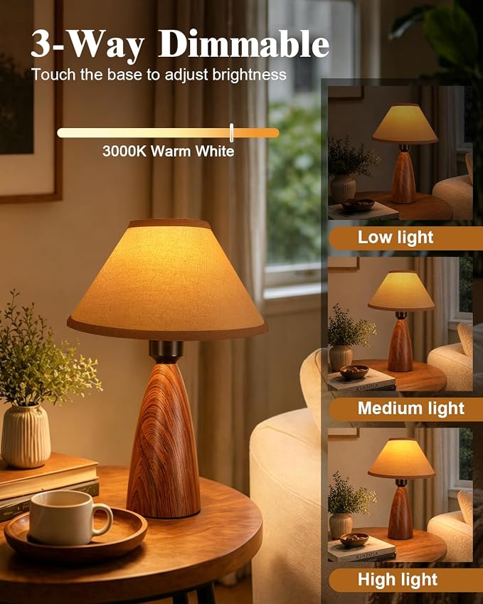 Nusogon Touch Table Lamp for Nightstand - 3-Way Dimmable Small Bedside Lamp, 3s Quick Shut-Off Smart Desk Lamp for Bedroom, Living Room, Reading, Nursery, LED Bulb Included