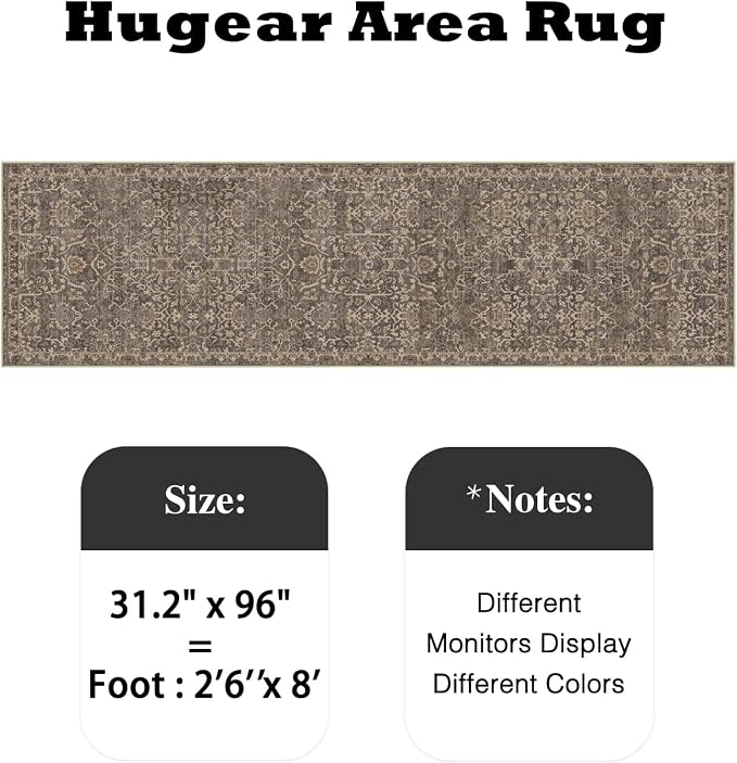 HUGEAR 2'6''x8 Runner Rug Machine Washable Retro Brown Hallway Area Rug Indoor Vintage Rugs Floral Low Pile Carpet Soft Throw Rugs Bedroom Living Room Office Dining Kitchen Laundry Non Slip