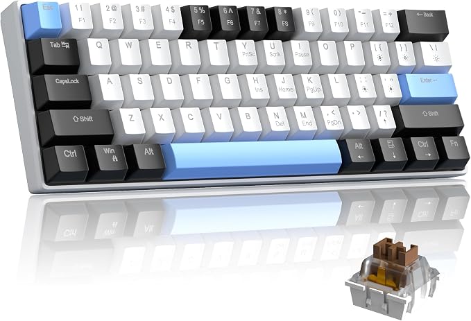 Camiysn 60% Mechanical Gaming Keyboard,Mixed Color Keycaps Gaming Keyboard with Brown Switches, Detachable Type-C Cable Mini Keyboard with Blue LED Light for PC/Laptop