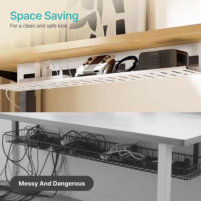 Under Desk Cable Management Tray, 31.5'' Screw-Mount Steel Rack | Metal Cord Organizer for Power Strips, Chargers, Reversible Installation, Effortless Wire Management for Home Office, White