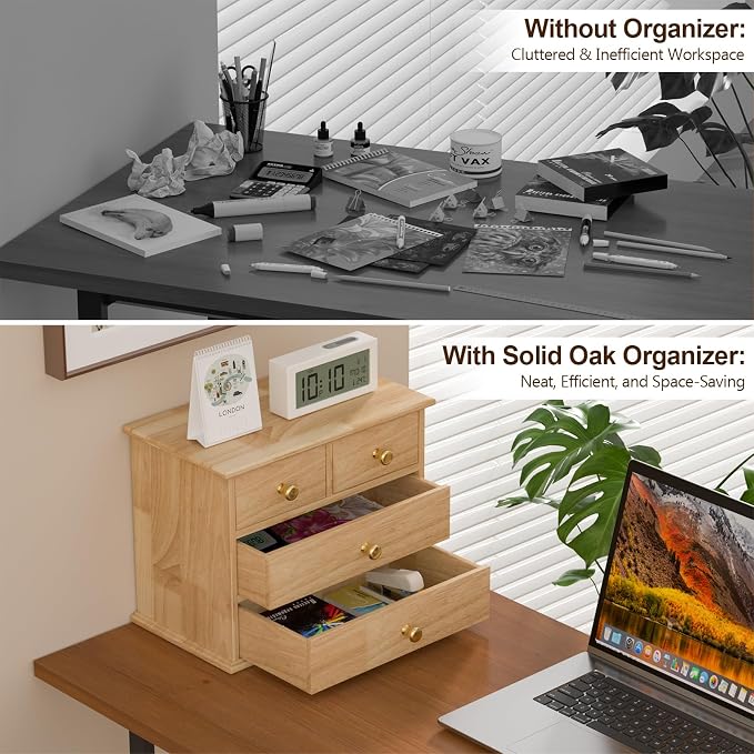 Oak Desk Organizer with Drawers, Durable Wooden Desktop Storage Box | 4 Drawer Tabletop Organizer with Metal Handles & Non-Slip Pads for Office, Bedroom, Bathroom, Vanity, Makeup Storage, Natural