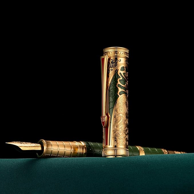 HONG DIAN D5 Qin Dynasty Fountain Pen Green Gold, Fine Nib Piston Filling Pen, Retro Chinese Totem Engraving Smooth Writing Pen with Pen Box Set