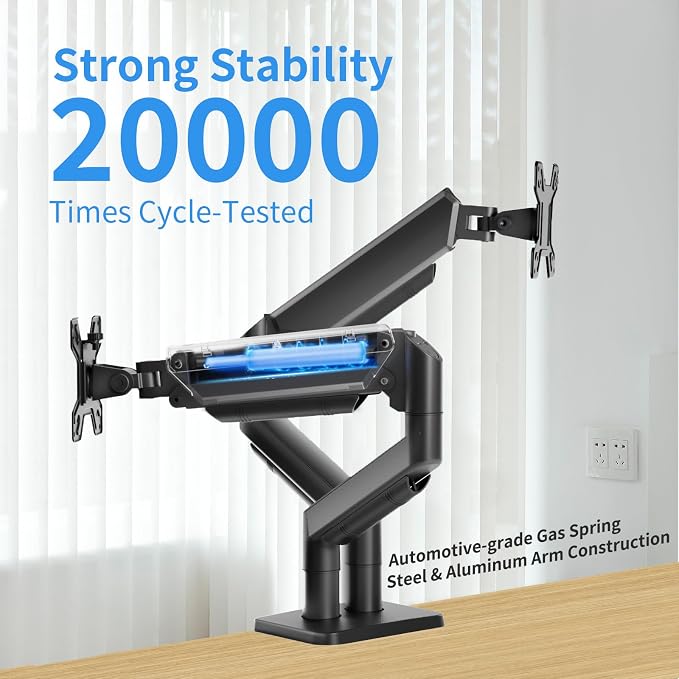 Dual Gas Spring Monitor Arm for 13-32 Inch Monitors, Desk Mount | Supports 19.8 lbs/Arm | Smooth Gas Spring | Full Motion | C-Clamp & Grommet | Cable Management | VESA 75×75/100×100 mm
