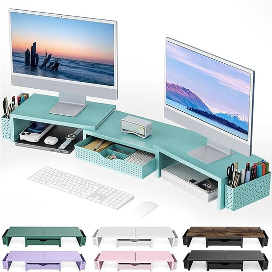 gianotter Dual Monitor Stand Riser, Desk Organizer With Drawer and 2 Pen Holders, Monitor Stand for Desk, Office Decor Essentials (Blue)