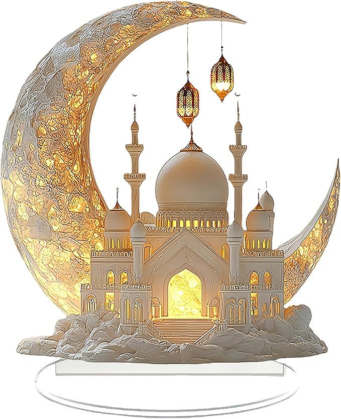 Ramadan Decorations for Home, Ramadan Gifts for Kids, Table Decor, Acrylic Desktop 2D Spray Painted Acrylic Crescent and White Palace Design (F)