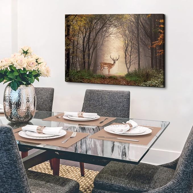 Wild Animal Landscape Canvas Wall Art Deer in Autumn Foggy Forest Picture Wall Decor Elk Wildlife Scenery Photo Prints Painting Decoration for Modern Living Room Bedroom Bathroom Home Art 32x48 Inch