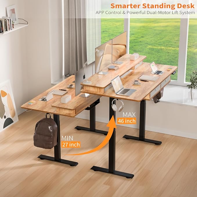 Electric Standing Desk with 4 Drawers, 63 * 30 Inches Extra Large Desktop, Electric Desk Adjustable Height with Storage, Home Office Workstation (Light Rustic Brown)