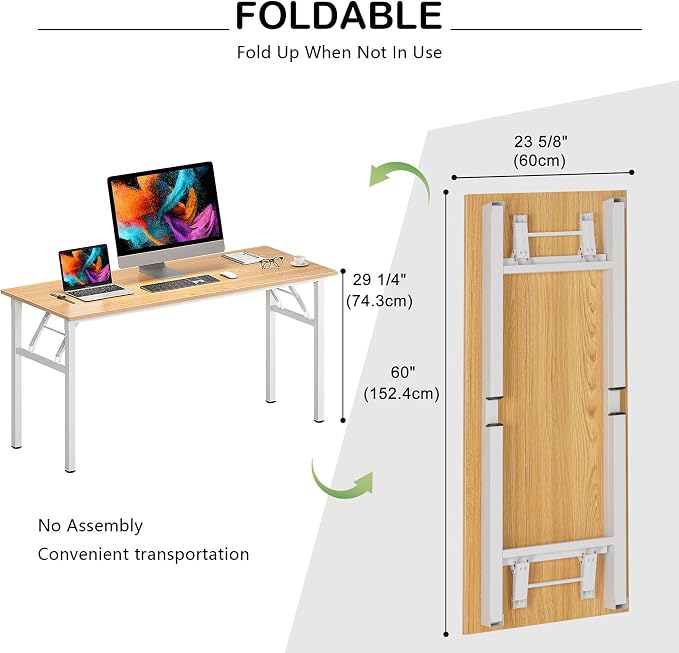 SDHYL Folding Desk, 60inch No Assembly Folding Desks for Small Spaces Sturdy Computer Desk, Functional Home Office Desks, Study Writing Desk Office Table Workstation for Home Office, White