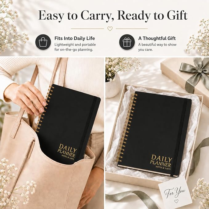 Daily Planner with Hourly Schedules - Undated To Do List Notebook for Work and Study, Spiral Bound, 5.5" x 8.5", Easily Manage Tasks and Appointments - Black
